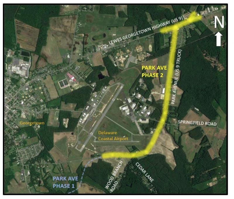 Phase 2 of the Park Avenue project includes the road and intersections from Route 9 to the area around Wood Branch Road where it will connect to Phase 1 of the project, which is scheduled to start construction soon. DELDOT GRAPHIC